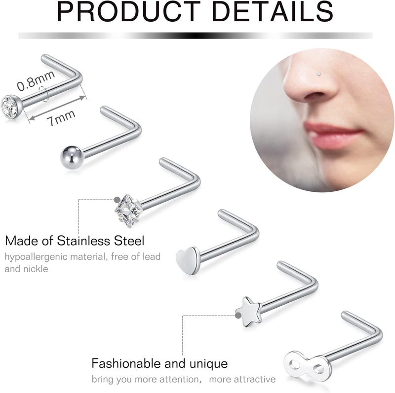 Incaton 20G Stainless Steel Nose Rings for Women Nose Rings Hoops L Shaped Nose Studs Screw Nose Piercing Jewelry for Women Men Silver Rose Gold Black Rainbow - Image 3